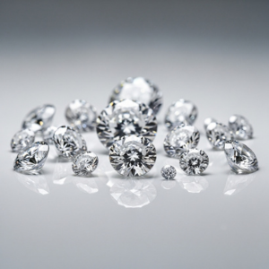 Several round brilliant diamonds sitting on a reflective surface.