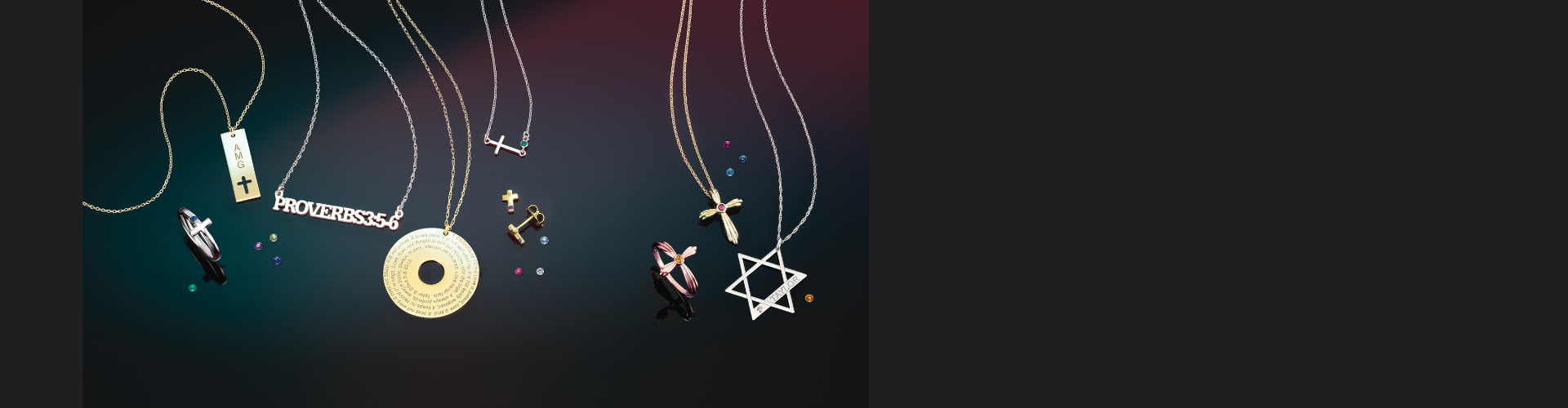 Variety of religious necklaces, earrings, and rings.