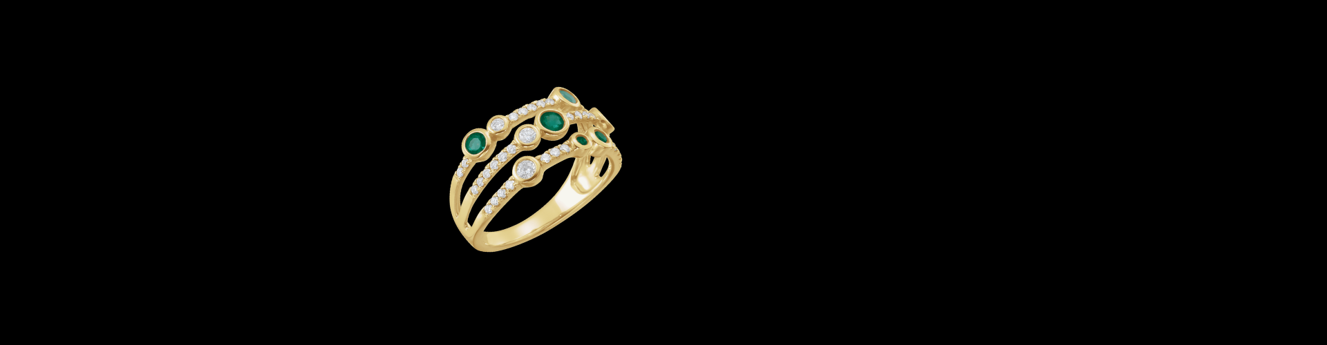 Emerald and diamond yellow gold geometric bezel set ring on a black background.