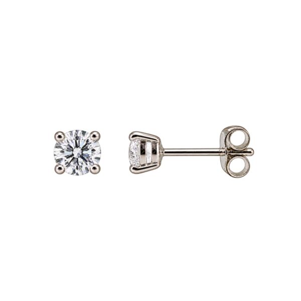 Pair of 14 karat white gold 4-prong lab-grown diamond stud earrings with friction backs.