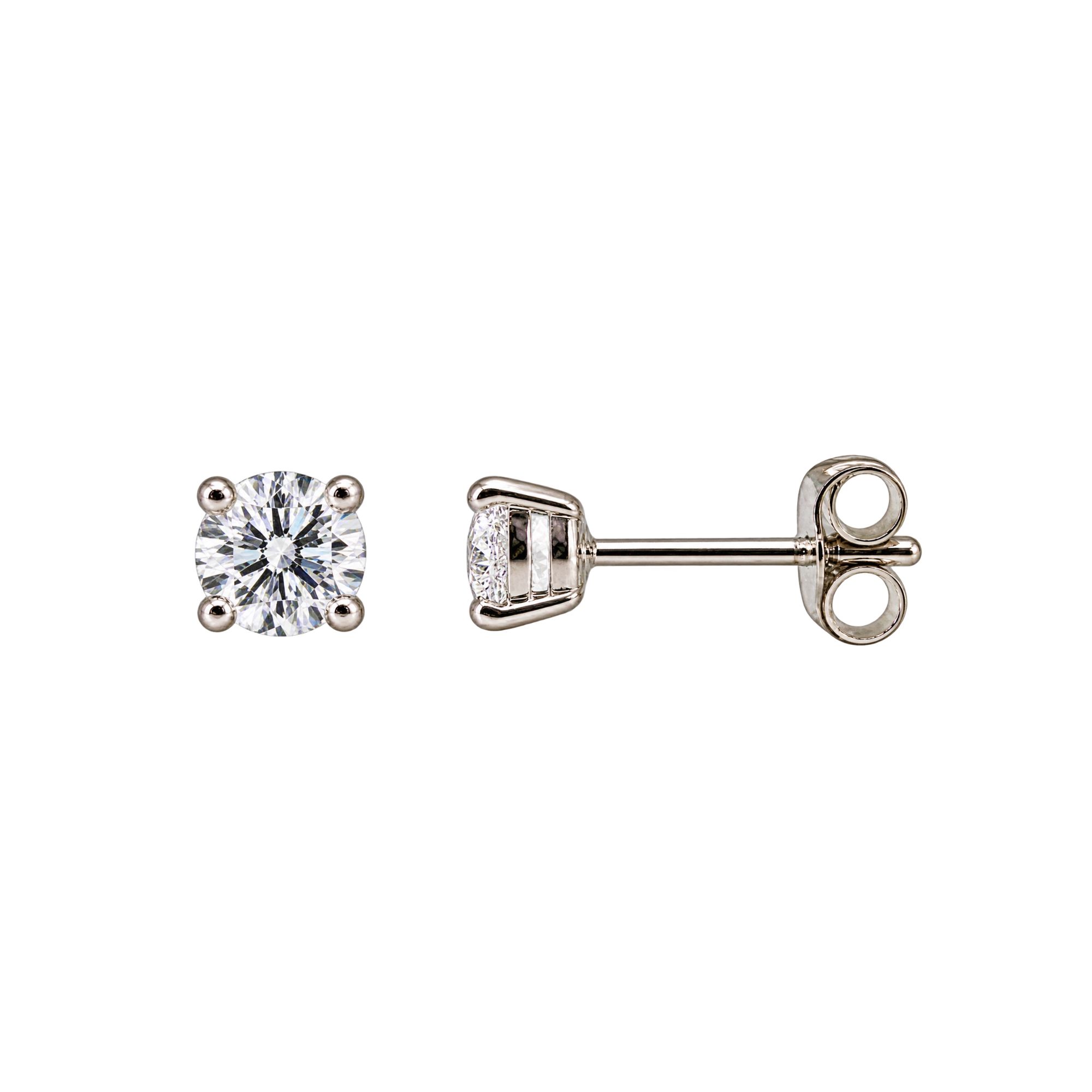 Pair of 14 karat white gold 4-prong lab-grown diamond stud earrings with friction backs.