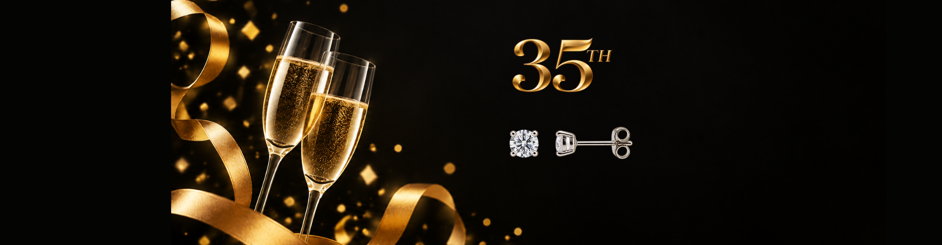 World Jewellery's 35th Anniversary celebration with a pair of filled champagne glasses together, some celebratory gold decoration, and a pair of white gold lab-grown diamond stud earrings.